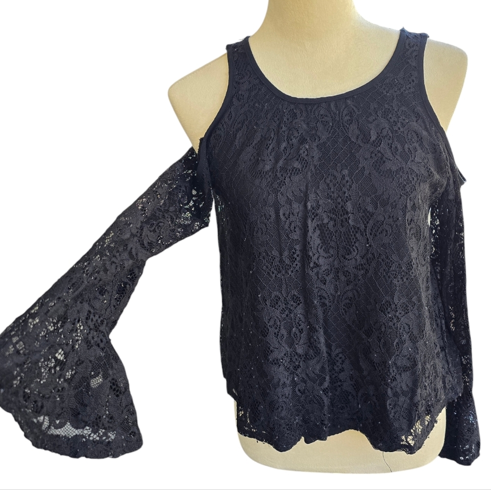 Hollister Black Lace Overlay Long Flare Sleeve Keyhole Back Top Size XS